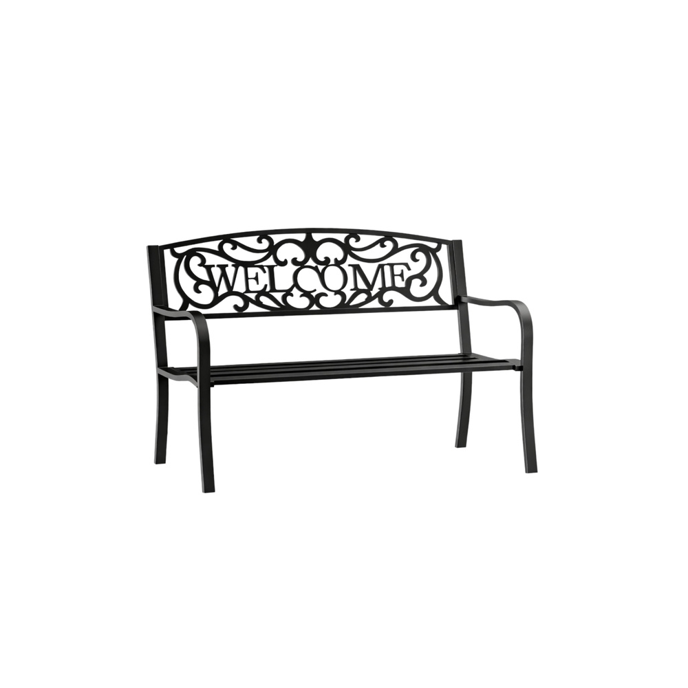 Sodo suoliukas „Taras Ogród Park“ iš metalo su atlošu „WELCOME“, juodos spalvos, 127 cm-Namai, laisvalaikis, turizmas, Sodo bald
