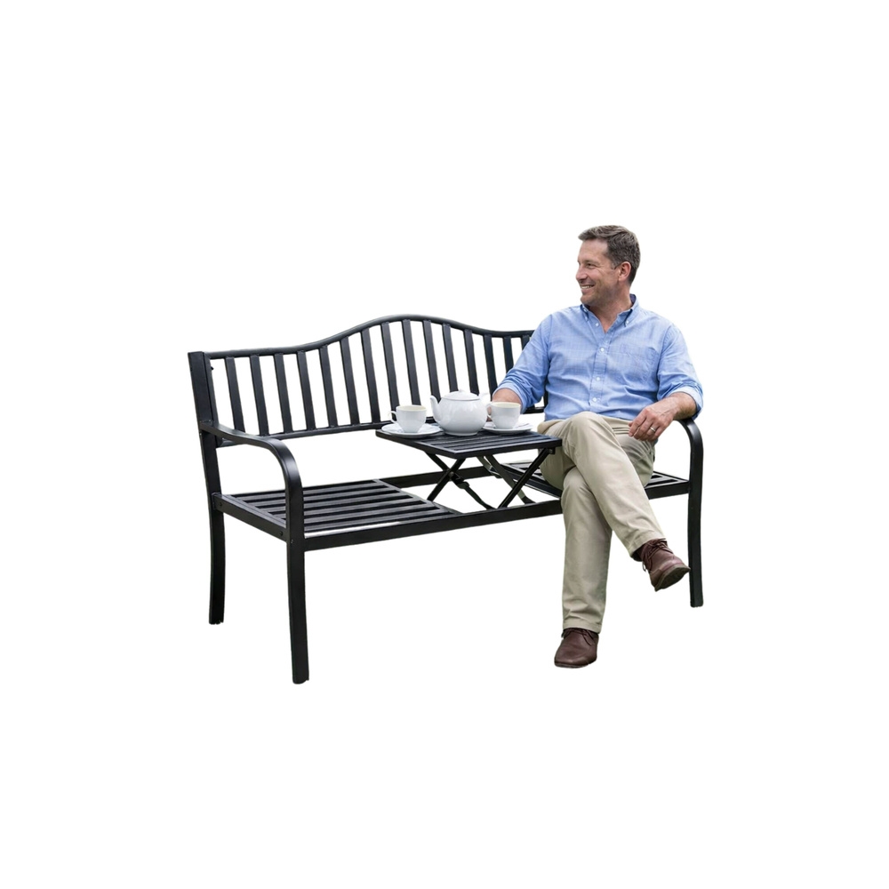 Ławka Ogrodowa Taras Ogród Park Metalowa Oparcie Stolik Czarna 150 cm