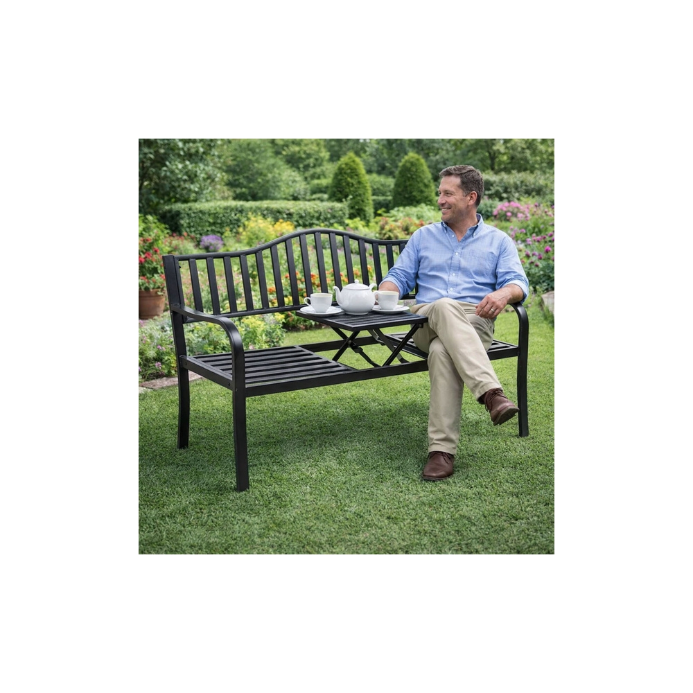 Ławka Ogrodowa Taras Ogród Park Metalowa Oparcie Stolik Czarna 150 cm
