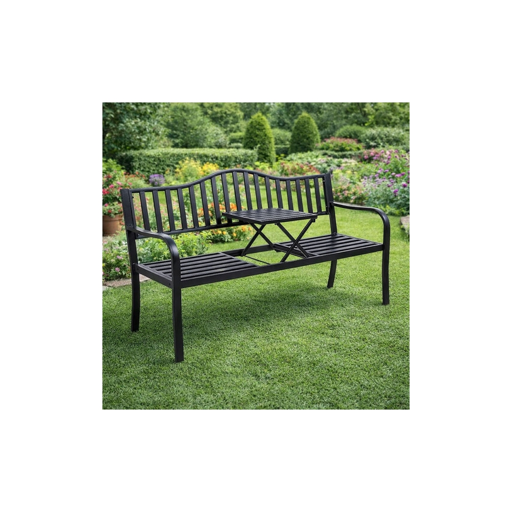 Ławka Ogrodowa Taras Ogród Park Metalowa Oparcie Stolik Czarna 150 cm