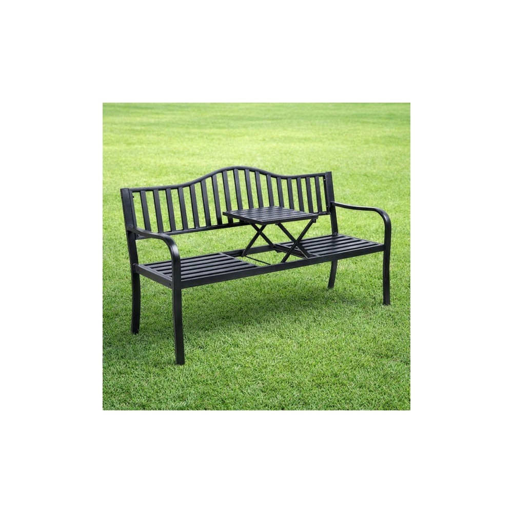 Ławka Ogrodowa Taras Ogród Park Metalowa Oparcie Stolik Czarna 150 cm