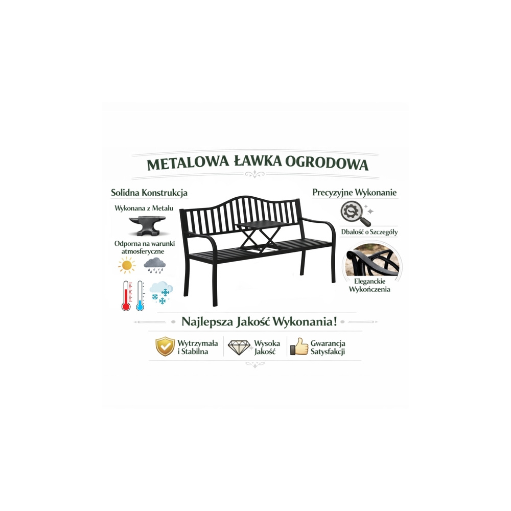 Ławka Ogrodowa Taras Ogród Park Metalowa Oparcie Stolik Czarna 150 cm