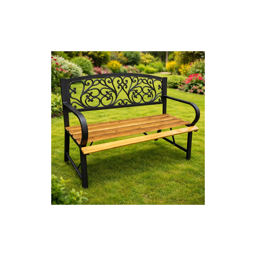 Ławka Ogrodowa Park Taras Ogród Metalowe Oparcie Drewniana Zdobiona 118 cm