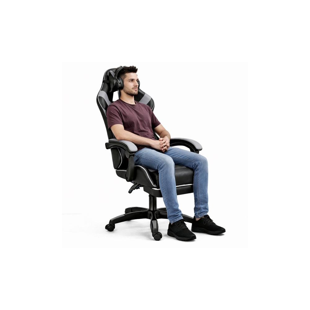 Žaidimų biuro kėdė LEAN, sukiojama su kojų atrama ir pagalvėlėmis, juoda/pilka-Vaiko kambariui, Staliukai ir kėdės-e-vaikas