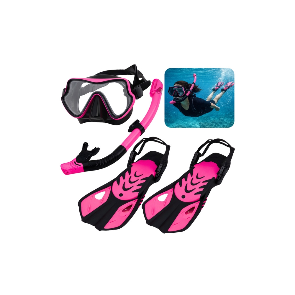 Nardymo ir snorkelingo rinkinys: pelekai, akiniai, snorkelis, juodos ir rožinės spalvos, S/M dydis-Žaislai, Lauko žaislai, Vande