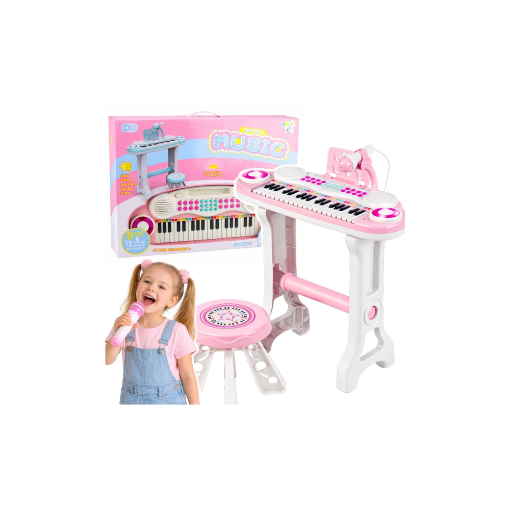 Pianinko Elektroniczne Organy Dla Dzieci Stołek Mikrofon MP3 Różowe