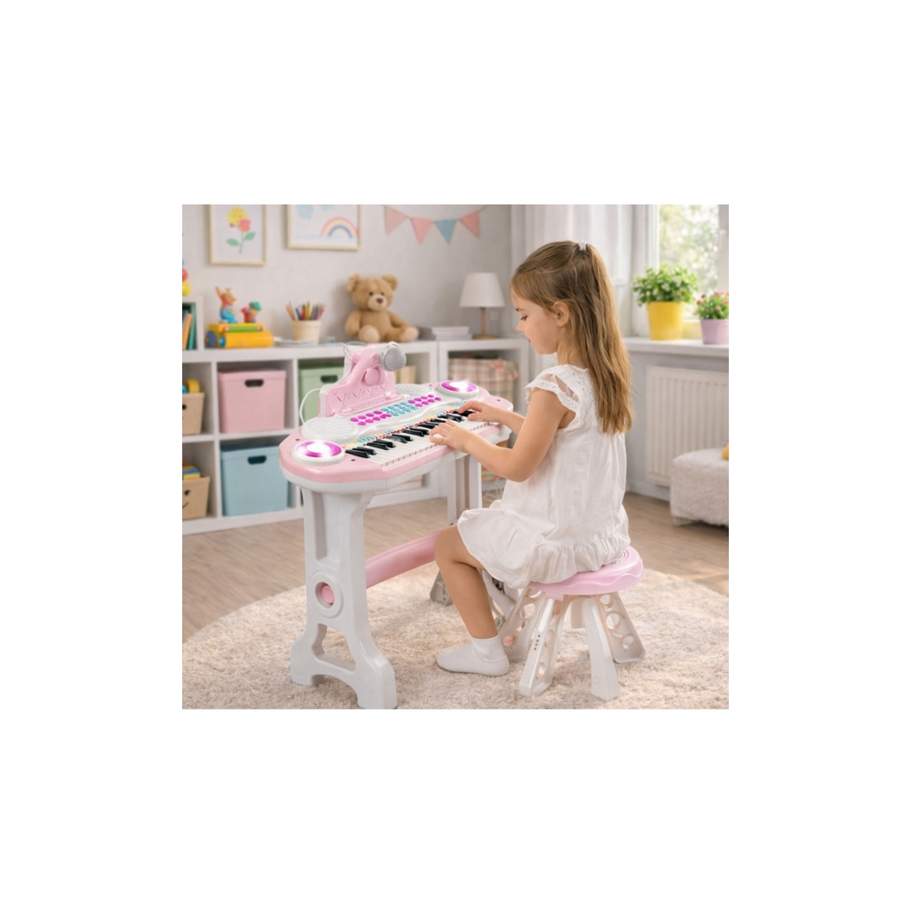 Pianinko Elektroniczne Organy Dla Dzieci Stołek Mikrofon MP3 Różowe