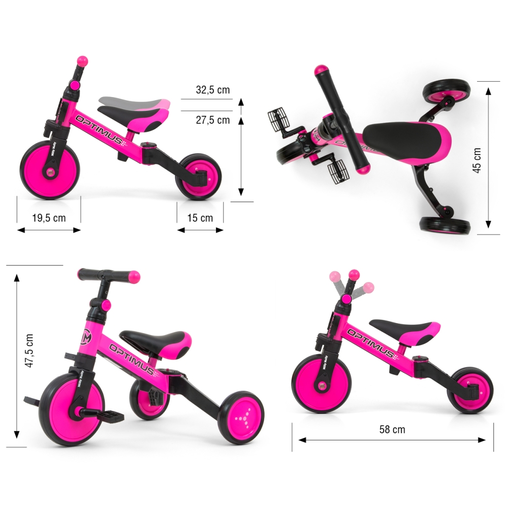 Triratis Optimus 3-in-1, Pink-Judėjimui, Balansiniai dviratukai, Triratukai vaikams-e-vaikas