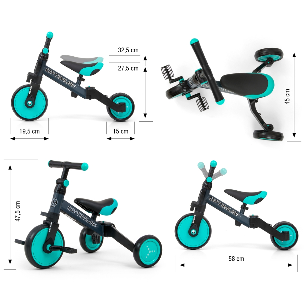 Milly Mally Ride On - Dviratis 3in1 OPTIMUS Mint-Judėjimui, Balansiniai dviratukai-e-vaikas