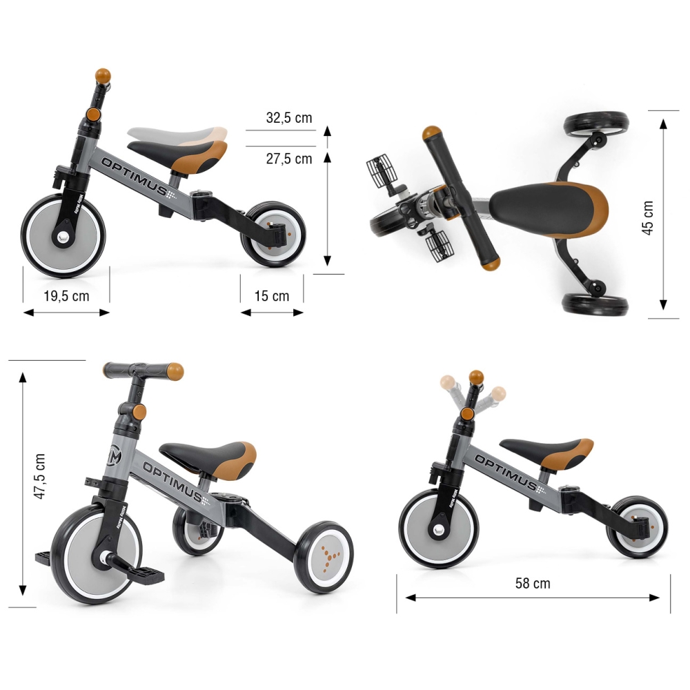 Triratis Optimus 3-in-1, Grey-Judėjimui, Balansiniai dviratukai, Triratukai vaikams-e-vaikas