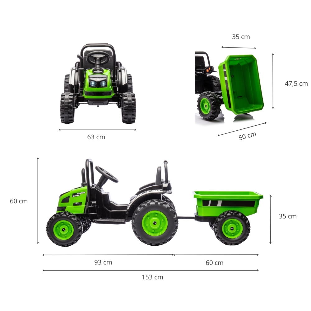 Elektrinis traktorius su priekaba Farmer, Green-Elektromobiliai vaikams, Traktoriai-e-vaikas