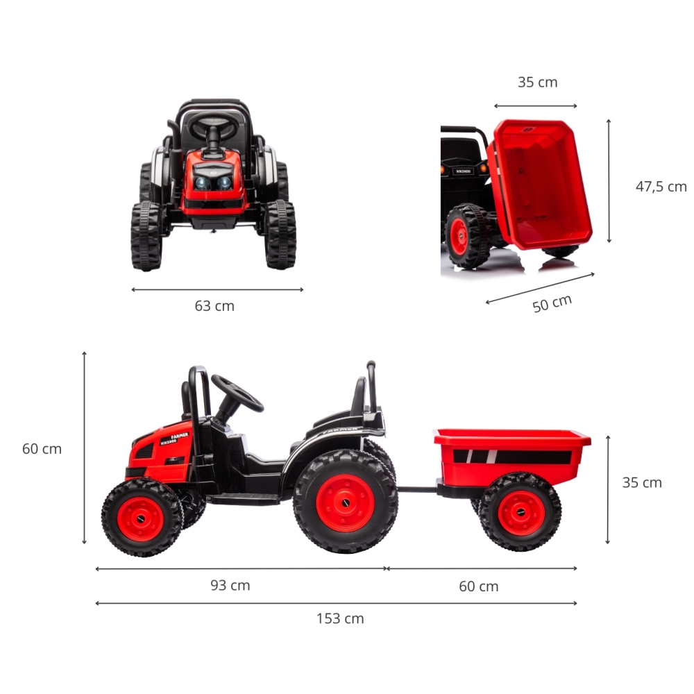 Pojazd na akumulator Traktor z przyczepą Farmer Red
