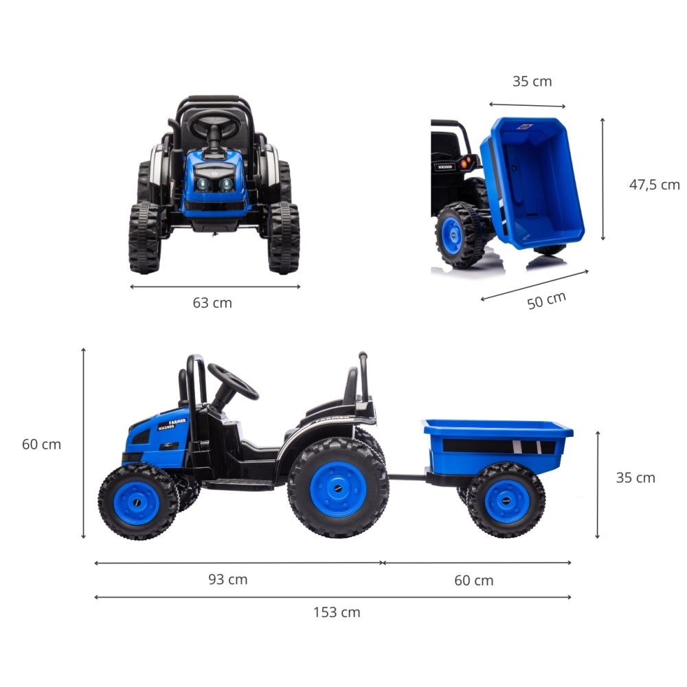 Elektrinis traktorius su priekaba Farmer, Blue-Elektromobiliai vaikams, Traktoriai-e-vaikas
