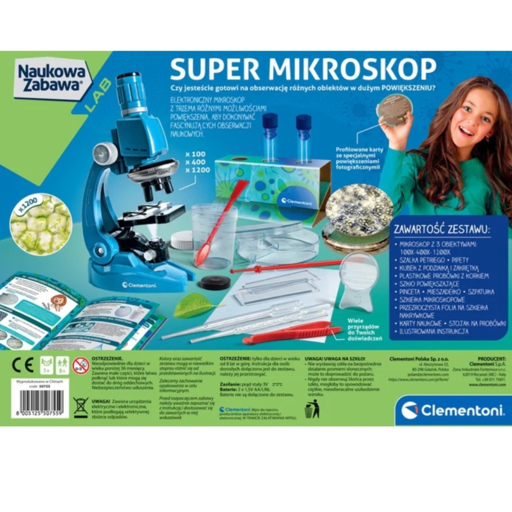 "Scientific Fun Super Microscope" lenkų kalbos rinkinys Clementoni 50755-Žaislai, Profesijos, buities žaislai, Moksliniai žaisla