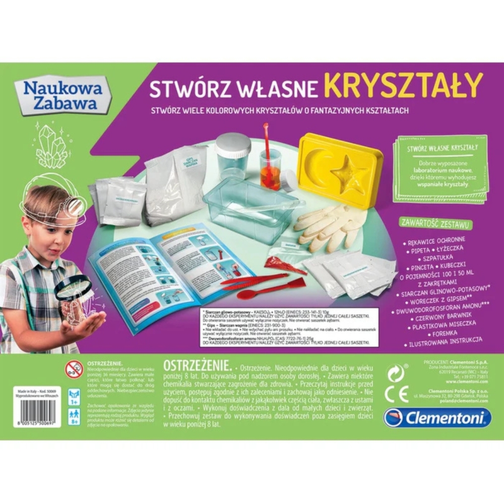 Mokslo įdomybių laboratorijos rinkinys Sukurk savo kristalus Lenkų kalba Clementoni 50069-Žaislai, Profesijos, buities žaislai, 