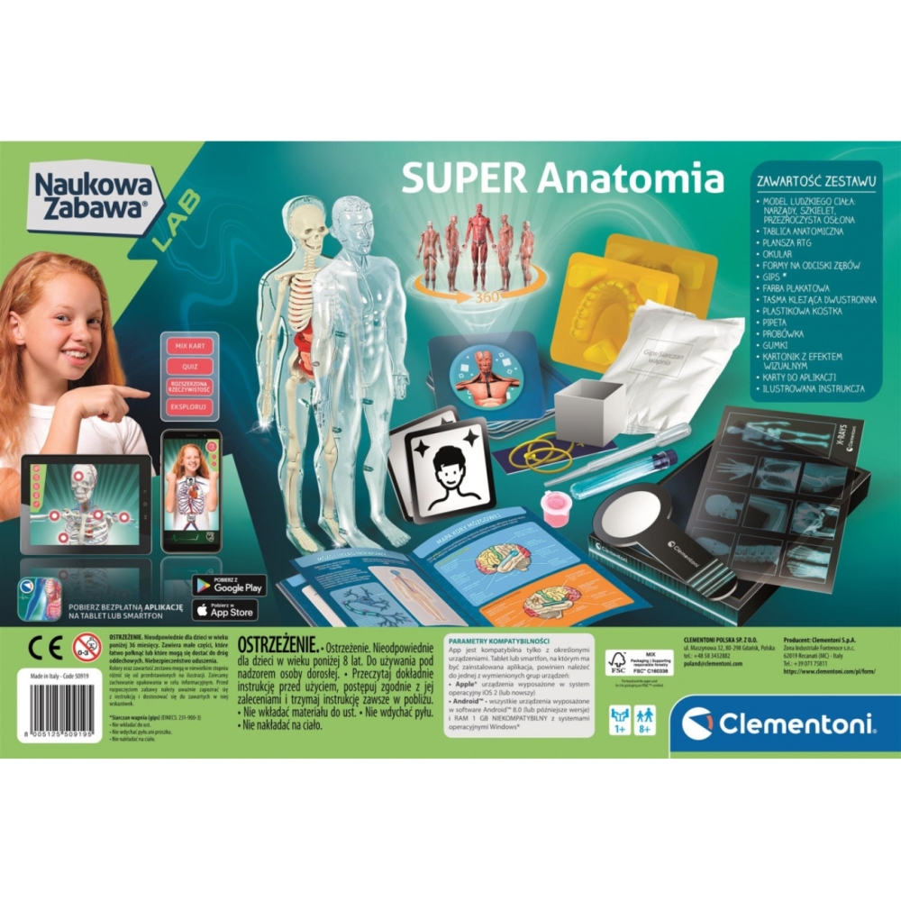 Mokslinis rinkinys Žmogaus anatomija Scientific Fun Super Lenkų kalba Clementoni 50919-Žaislai, Profesijos, buities žaislai, Mok