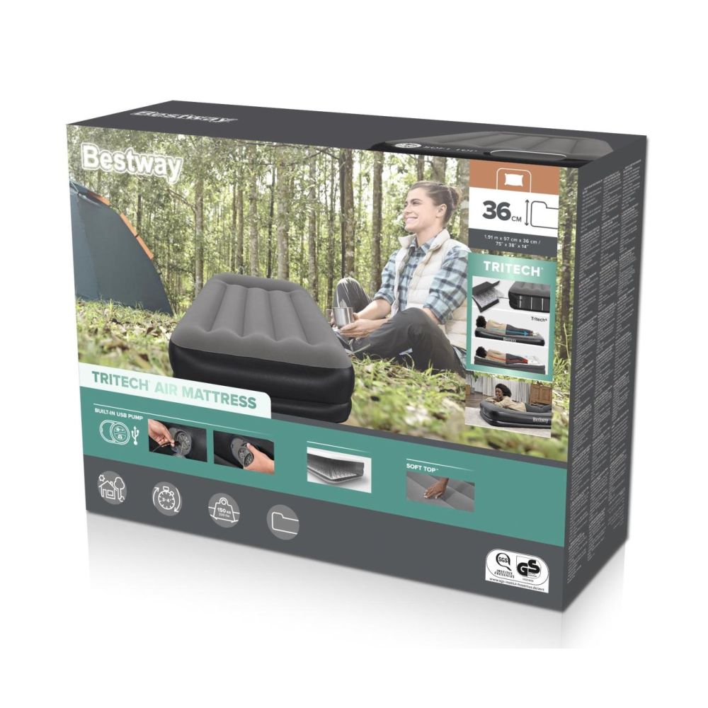 Bestway 671BT Materac dmuchany turystyczny z wbudowaną pompą powietrza Tritech Twin 1.91m x 97cm x 3
