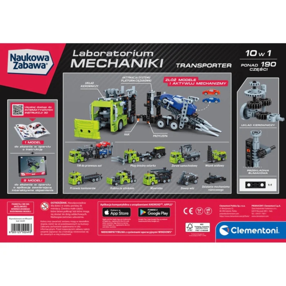 Konstruktorius Transporto mechanikos laboratorijos Lenkų kalba Clementoni 50249-Žaislai, Konstruktoriai, Lego, statybiniai bloka
