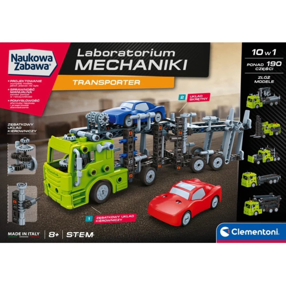 Konstruktorius Transporto mechanikos laboratorijos Lenkų kalba Clementoni 50249-Žaislai, Konstruktoriai, Lego, statybiniai bloka