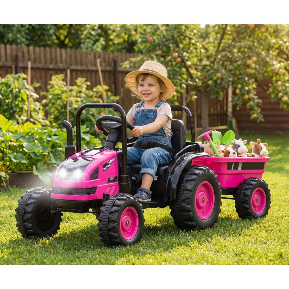 Elektrinis traktorius su priekaba Farmer, Pink-Elektromobiliai vaikams, Traktoriai-e-vaikas