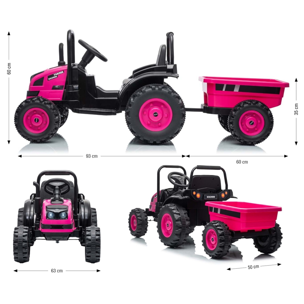 Elektrinis traktorius su priekaba Farmer, Pink-Elektromobiliai vaikams, Traktoriai-e-vaikas