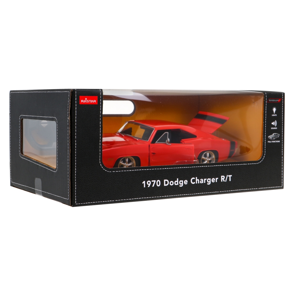 Nuotoliniu būdu valdomas 1970 m. Dodge Charger RT RASTAR modelis 1:16, raudonas