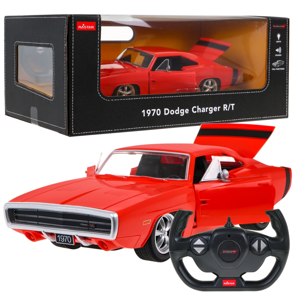 Nuotoliniu būdu valdomas 1970 m. Dodge Charger RT RASTAR modelis 1:16, raudonas