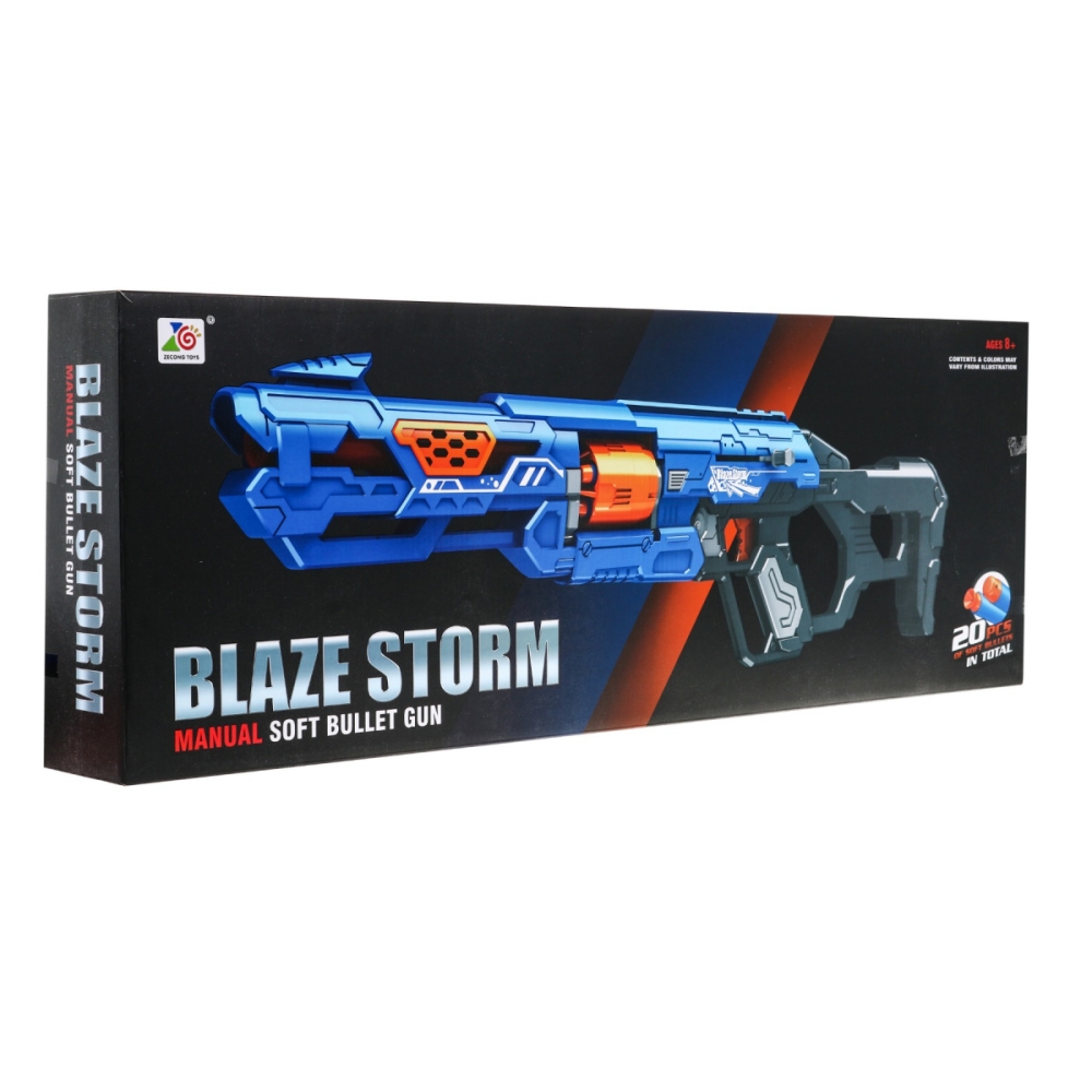 Vaikiškas rankinis šautuvas 8+ "Blaze Storm" mechanizmas su slankikliu + 20 ilgų putplasčio kulkų