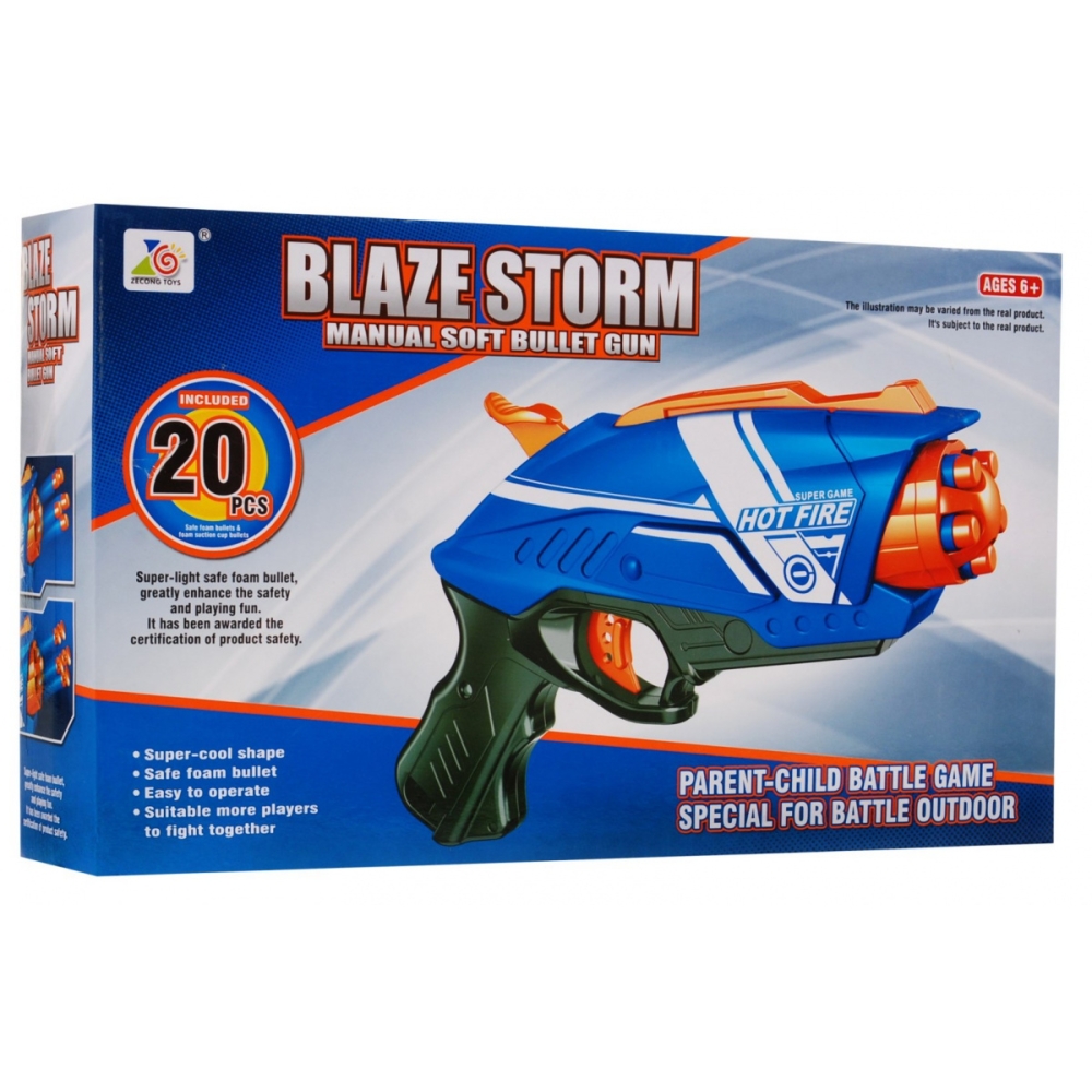Rankinis pistoletas vaikams 6+ Blaze Storm Spyruoklinis mechanizmas + 20 ilgų putplasčio kulkų