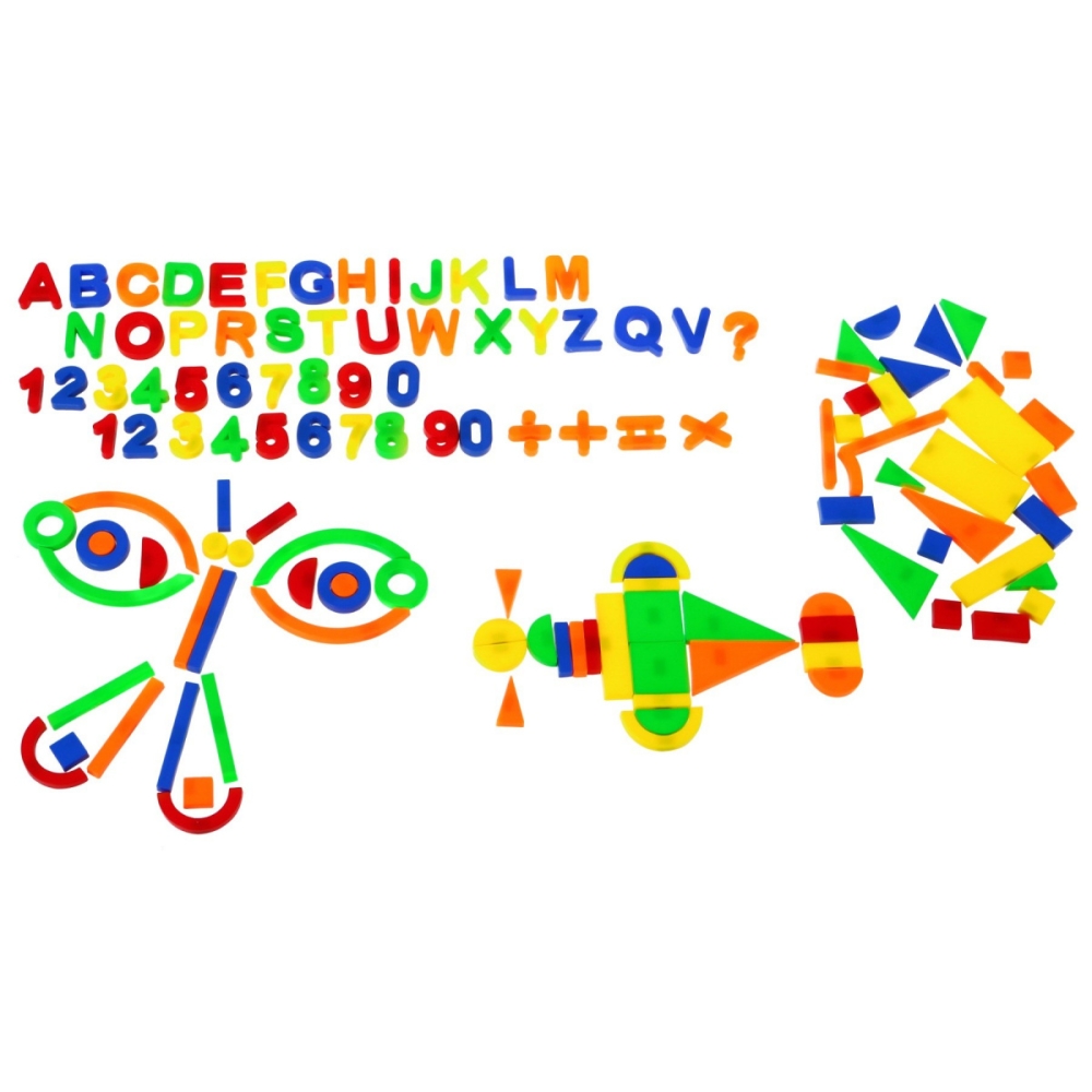 Zestaw kolorowych Magnesów dla dzieci 3+ Zabawka edukacyjna + Cyferki Literki Figury Linie 128 el.