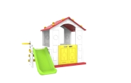 Domek Ogrodowy 3w1 dla dzieci Czerwony Dach + Zjeżdżalnia + Koszykówka