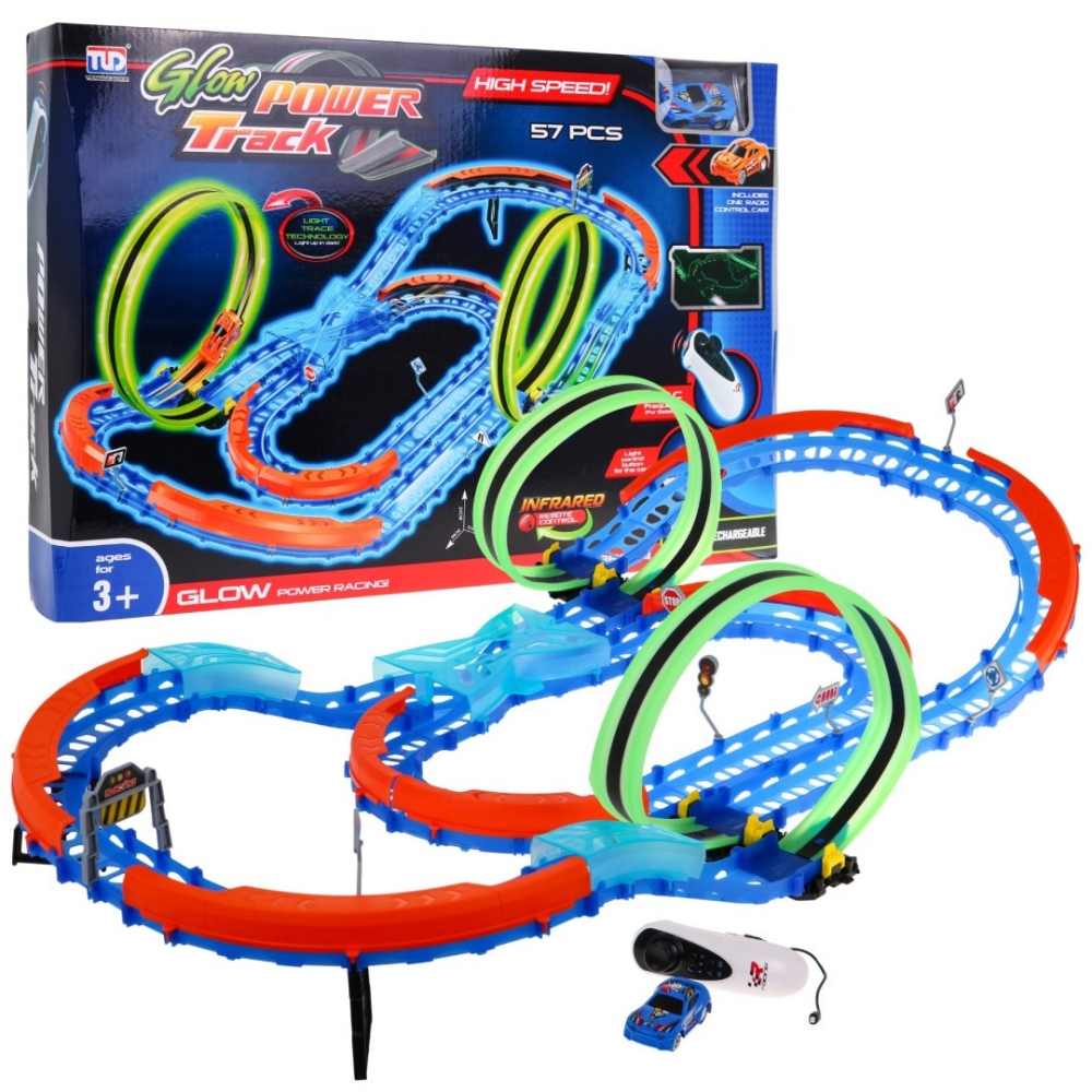 Fluorescencinė lenktynių trasa vaikams 3+ LED automobilis + Kilpa 360 + Sulankstoma trasa 57 el.