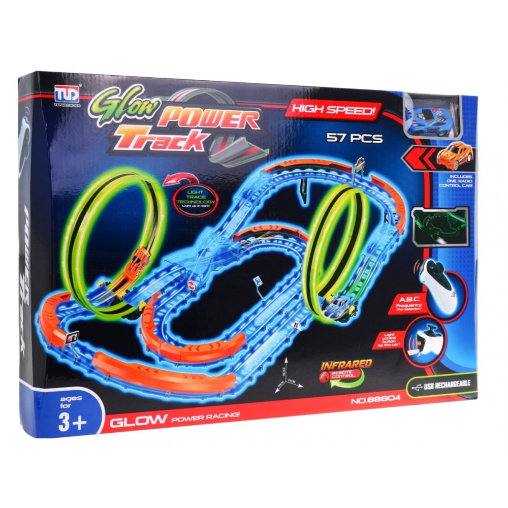Fluorescencinė lenktynių trasa vaikams 3+ LED automobilis + Kilpa 360 + Sulankstoma trasa 57 el.