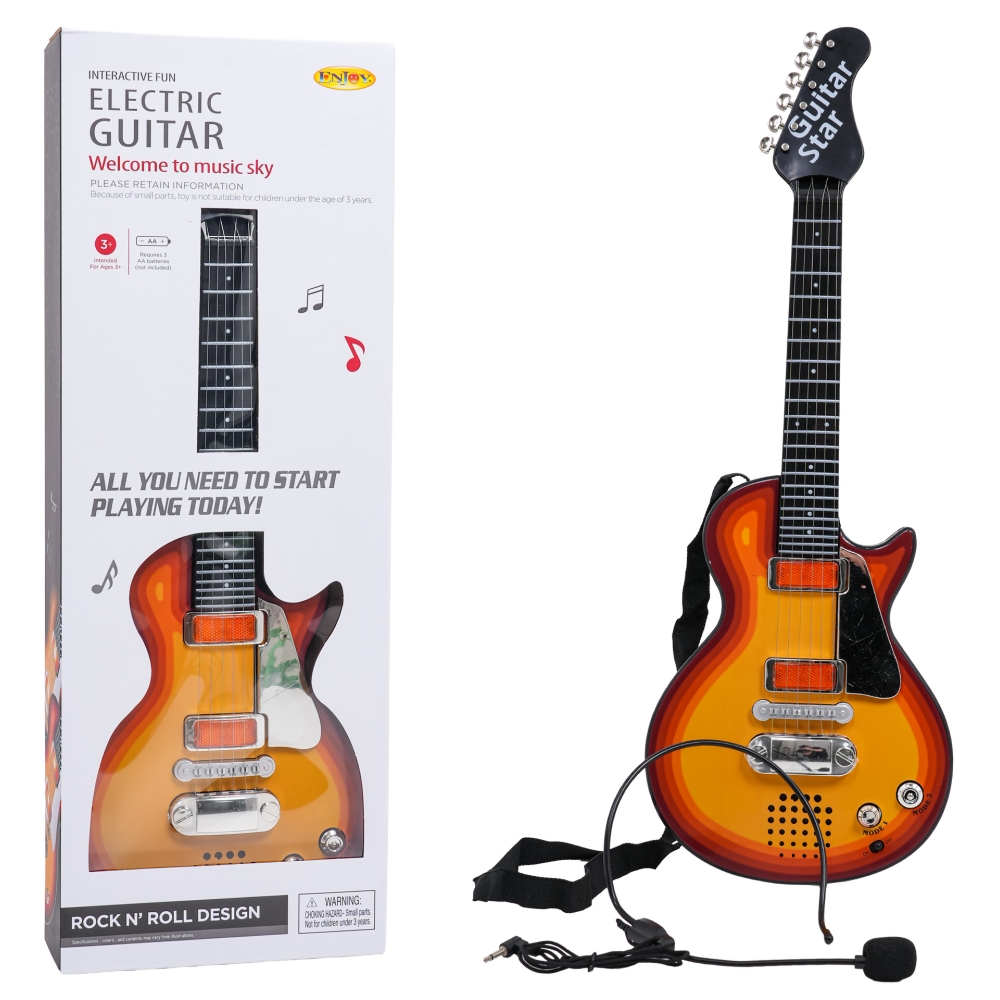 Elektrinė gitara vaikams 3+ raudona + ausinės su mikrofonu + šviesos garsai