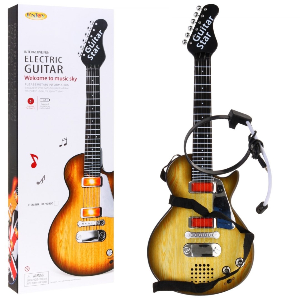 Elektrinė gitara vaikams 3+ medžio imitacija + ausinės su mikrofonu + šviesos garsai-Žaislai, Muzikiniai-e-vaikas