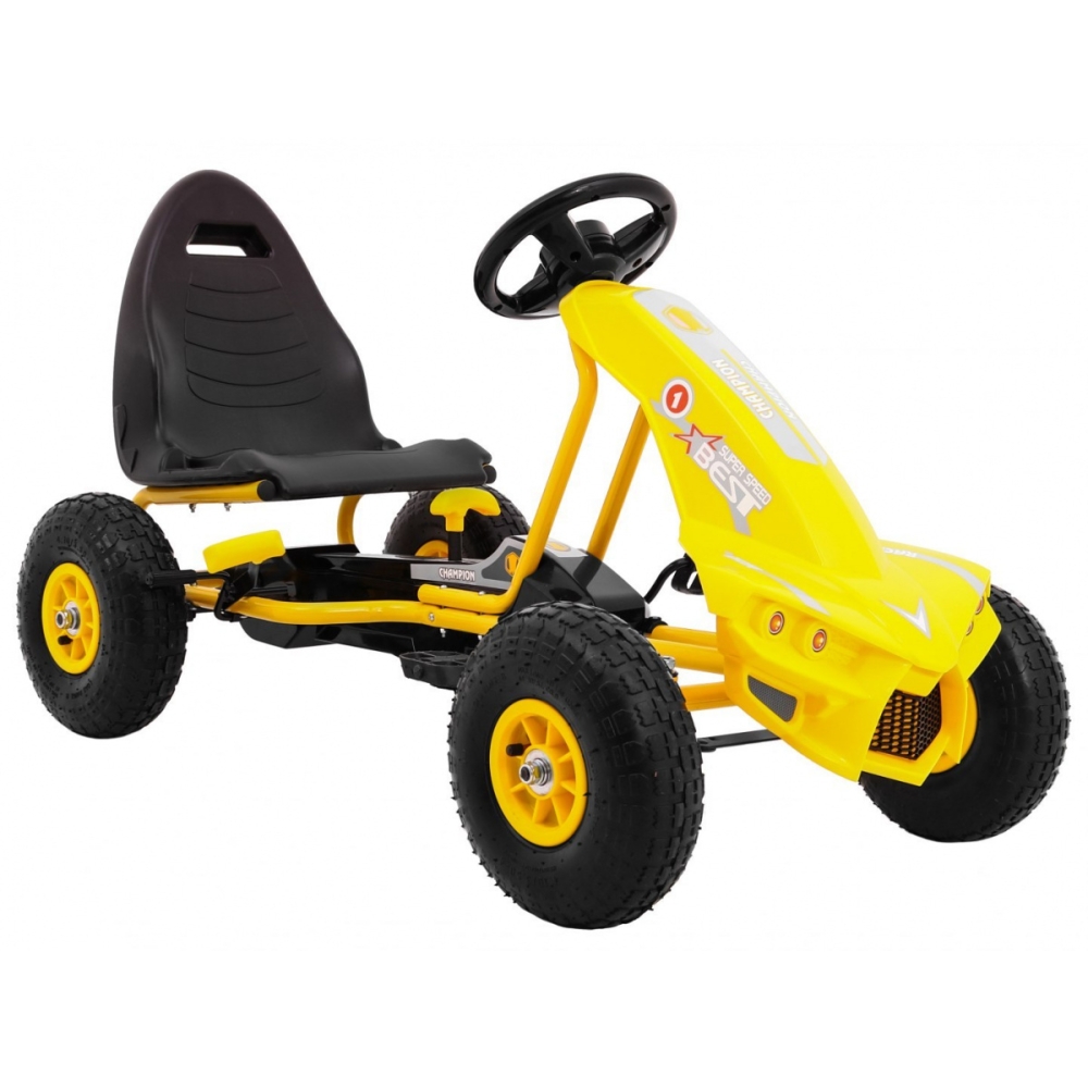 Gokart Champion na pedały dla dzieci 3+ Żółty + Pompowane opony + Regulowane siedzisko + Ręczny hamulec