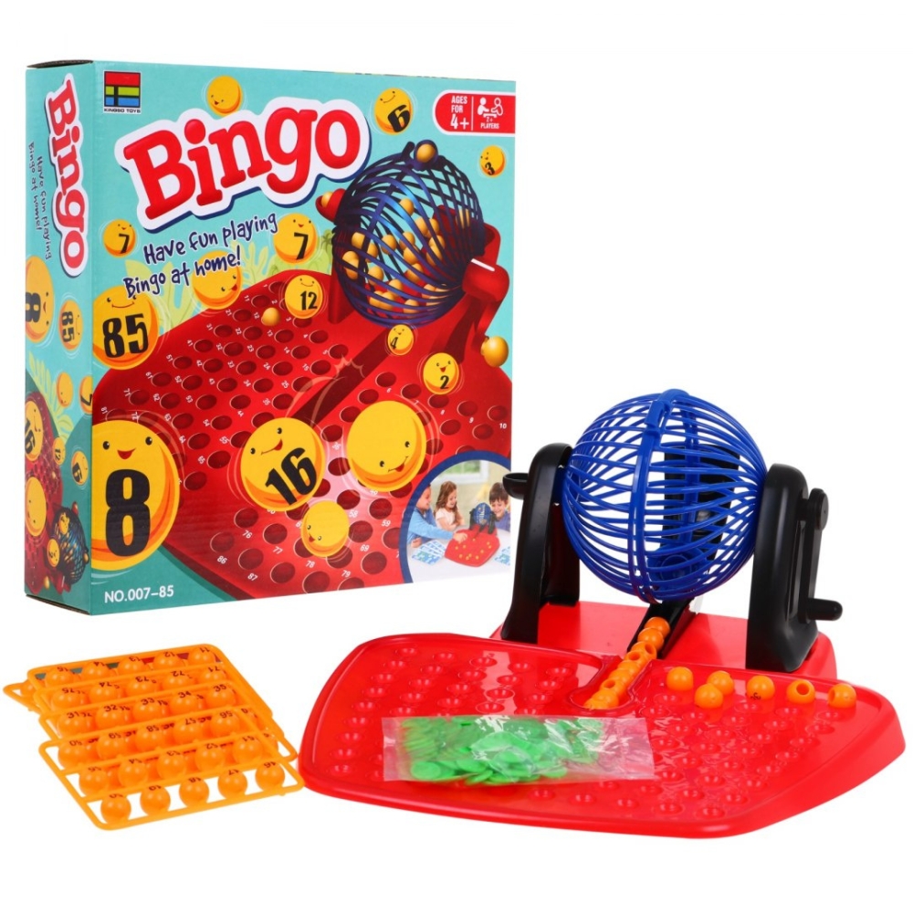 Vaikų bingo žaidimas 4+ skaičių loterija + piešimo mašina su būgnu + kamuoliukai su skaičiais + kortelės Žetonai