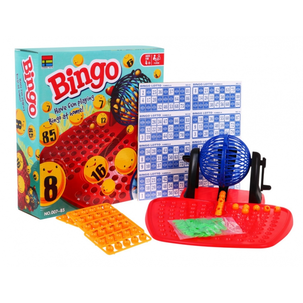 Vaikų bingo žaidimas 4+ skaičių loterija + piešimo mašina su būgnu + kamuoliukai su skaičiais + kortelės Žetonai