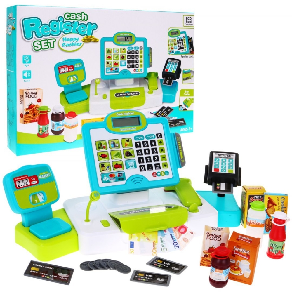 Kasos aparatas jutiklinis skydelis skaičiuotuvas + maisto produktai-Žaislai, Profesijos, buities žaislai, Profesiniai žaislai-e-
