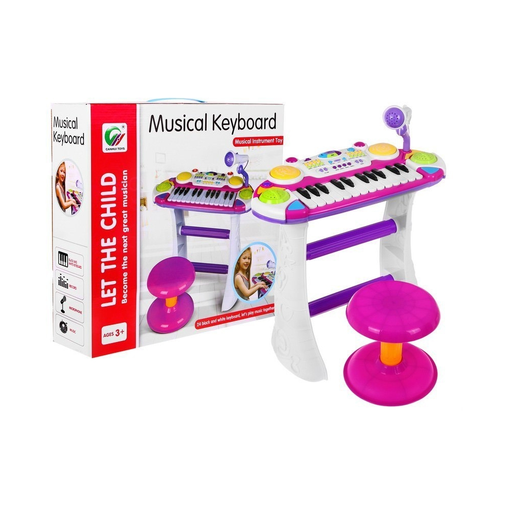 Rožinis muzikos rinkinys Klaviatūra + būgnai + mikrofonas vaikams 3+ Šviesos + 2 oktavų garsai-Žaislai, Muzikiniai-e-vaikas