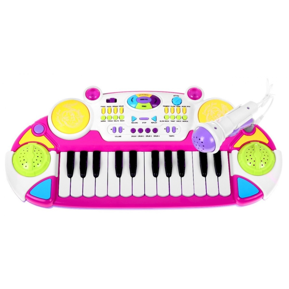 Rožinis muzikos rinkinys Klaviatūra + būgnai + mikrofonas vaikams 3+ Šviesos + 2 oktavų garsai-Žaislai, Muzikiniai-e-vaikas