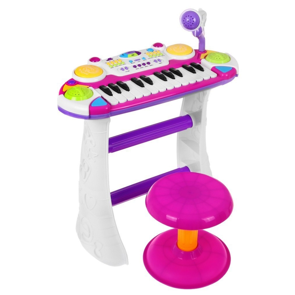 Rožinis muzikos rinkinys Klaviatūra + būgnai + mikrofonas vaikams 3+ Šviesos + 2 oktavų garsai-Žaislai, Muzikiniai-e-vaikas