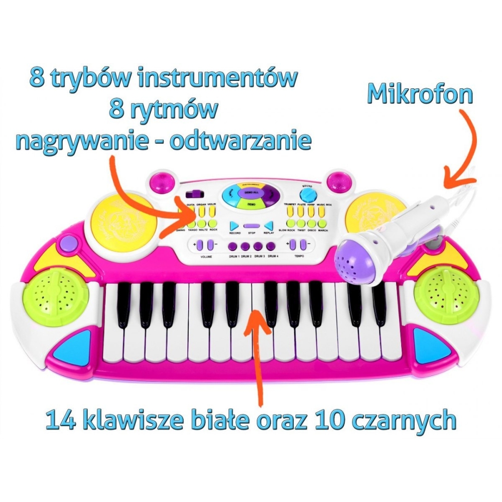 Rožinis muzikos rinkinys Klaviatūra + būgnai + mikrofonas vaikams 3+ Šviesos + 2 oktavų garsai-Žaislai, Muzikiniai-e-vaikas
