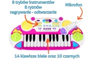 Rožinis muzikos rinkinys Klaviatūra + būgnai + mikrofonas vaikams 3+ Šviesos + 2 oktavų garsai