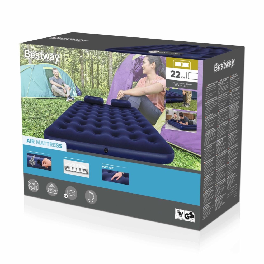 Pripučiamas karalienės 2 asmenų miegamasis čiužinys BESTWAY 203x152x22cm + 2 pagalvės-Namai, laisvalaikis, turizmas, Pripučiami 