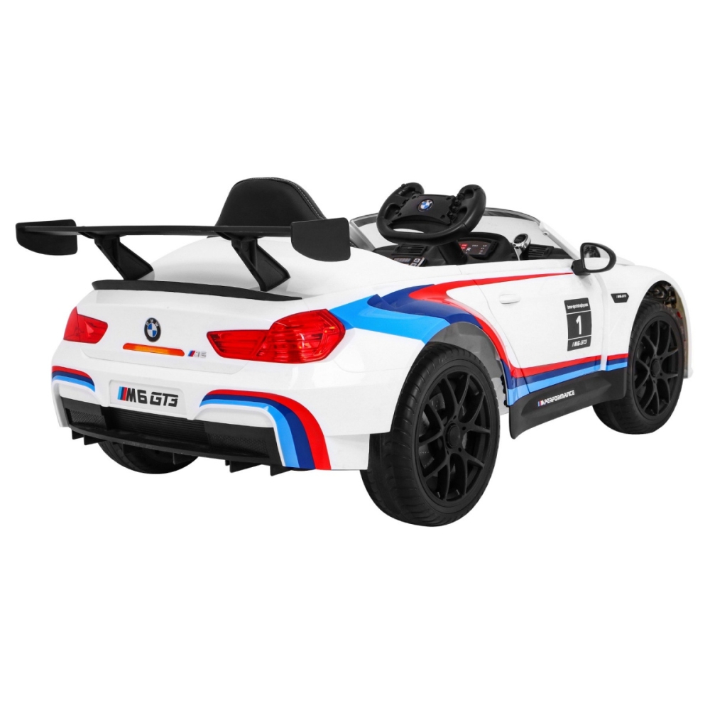 BMW M6 GT3 Auto na akumulator dla dzieci Biały + Nawiew powietrza + Dźwięki MP3 Światła + Pilot