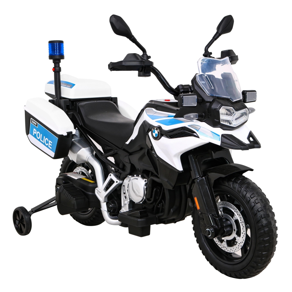 Motor Policyjny BMW F850 GS na akumulator dla dzieci + Kółka pomocnicze + Syrena + Światła + 2 Kufry + Wolny Start