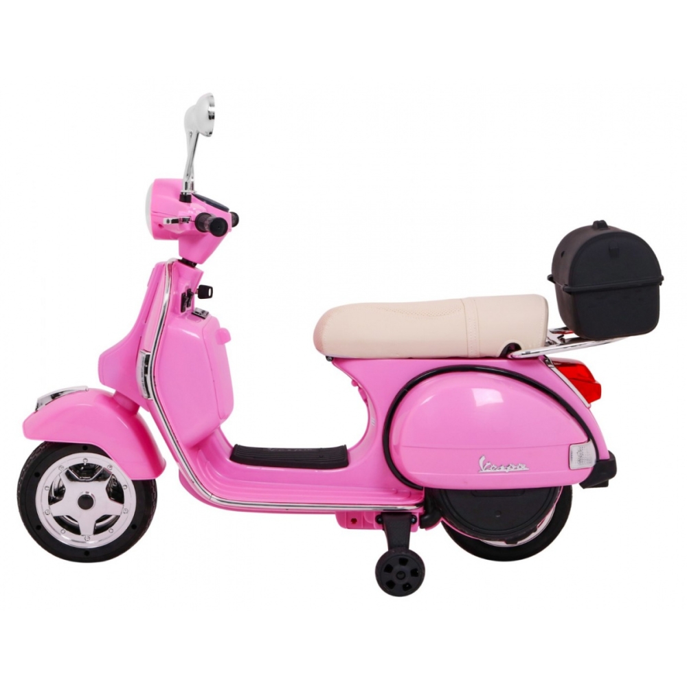 Skuter Vespa elektryczny dla dzieci Różowy + Kółka pomocnicze + Audio + Ekoskóra + EVA + Wolny Start