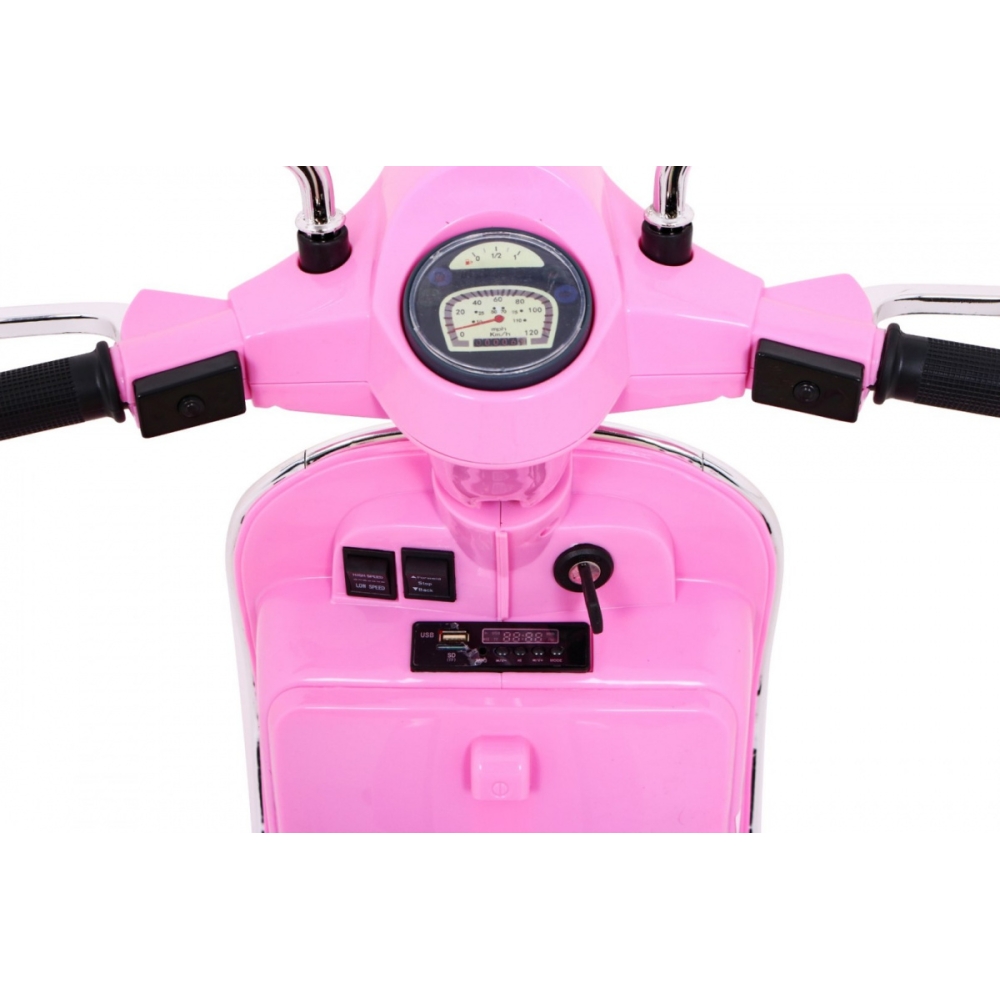 Skuter Vespa elektryczny dla dzieci Różowy + Kółka pomocnicze + Audio + Ekoskóra + EVA + Wolny Start