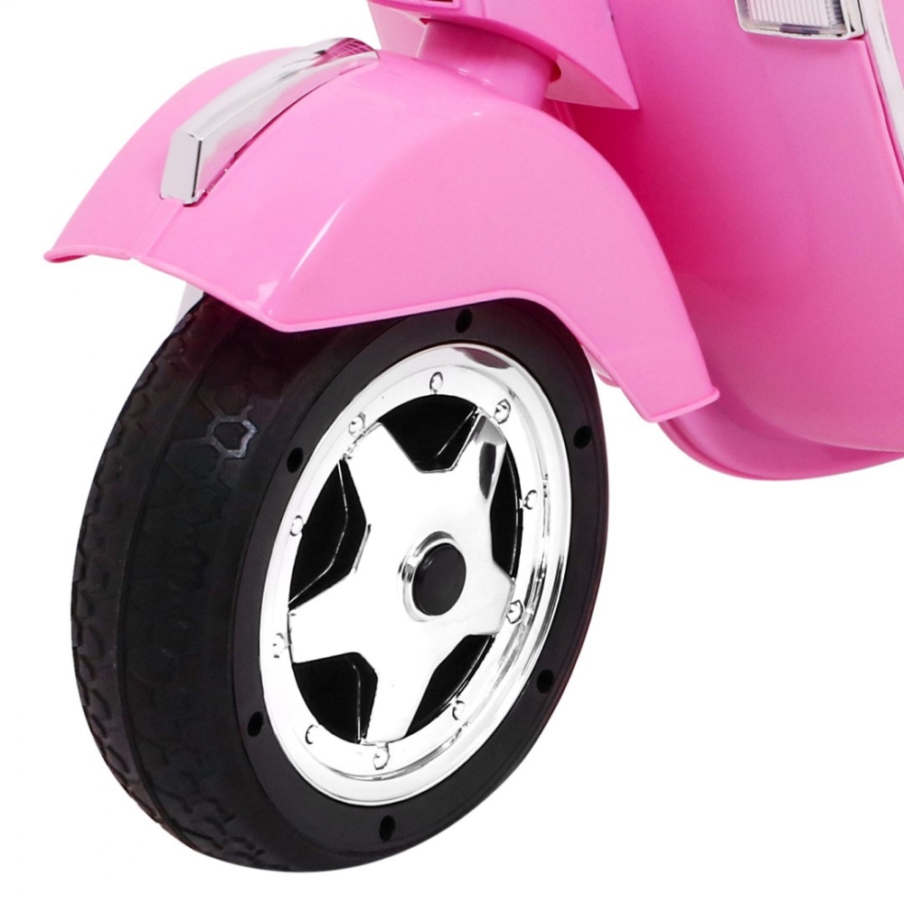 Skuter Vespa elektryczny dla dzieci Różowy + Kółka pomocnicze + Audio + Ekoskóra + EVA + Wolny Start